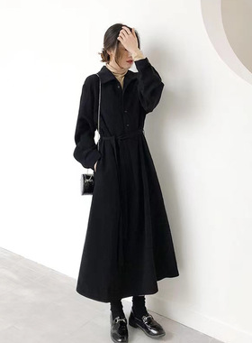 黑色长袖法式衬衫连衣裙女早秋季2025新款韩版收腰显瘦气质长