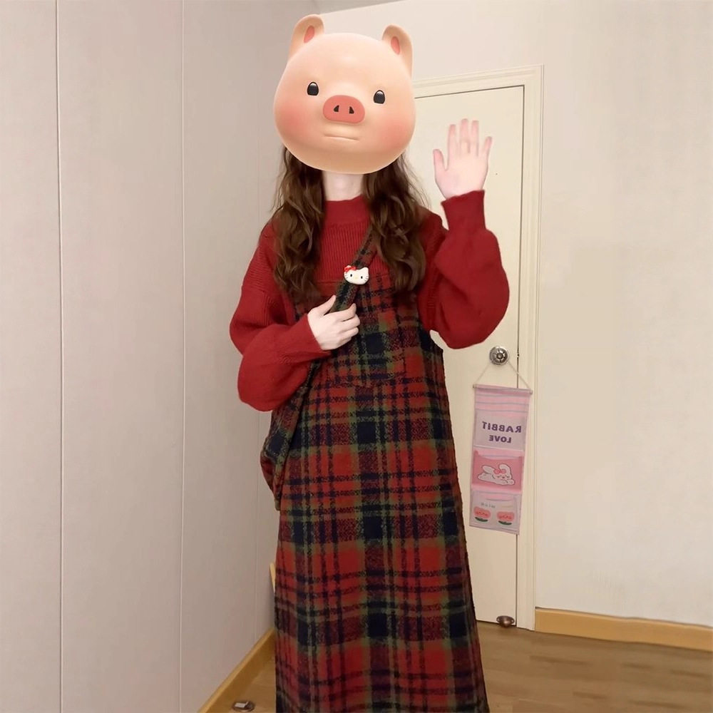 红色格子背带连衣裙子女秋冬季新款新年穿搭过年战袍毛衣套装