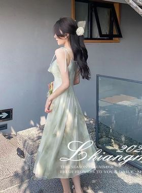 2025韩版夏季新款吊带长裙仙女荷叶边印花无袖气质连衣裙