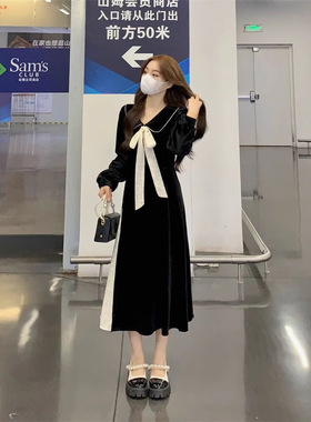 大码女装赫本风黑色丝绒连衣裙秋冬甜美娃娃领裙摆拼接撞色长裙子