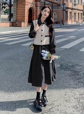 长袖衬衫连衣裙女套装2025秋冬新款设计感马甲洋气时髦长裙