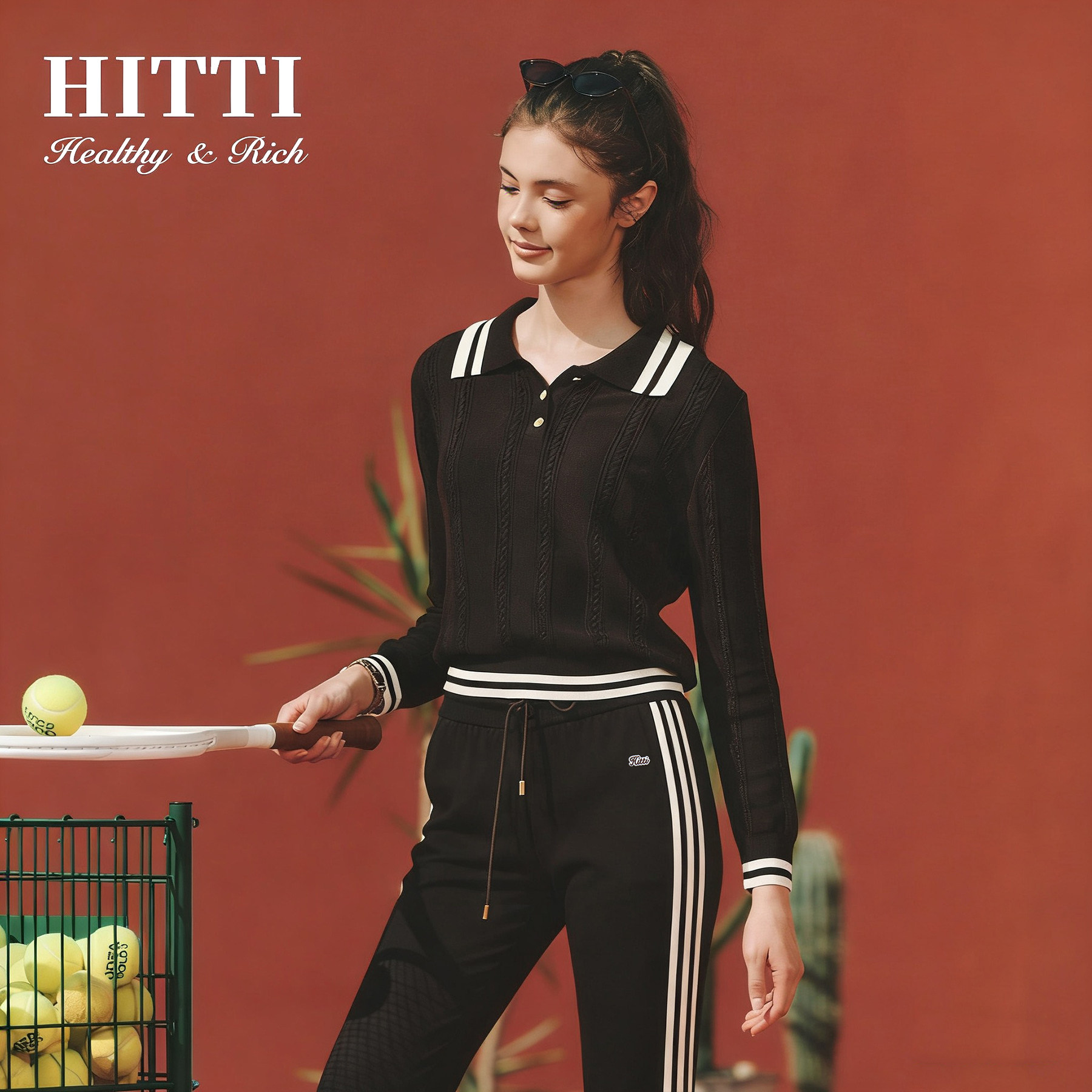 Hitti2025秋季运动针织撞色女士POLO衫长袖纽扣网球高尔夫针织衫