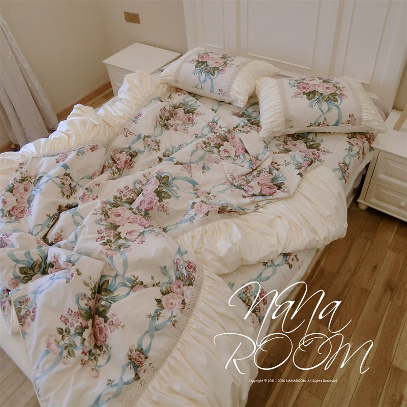 NANAROOM韩国进口普罗旺斯玫瑰花朵褶皱感英式欧式田园床品四件套