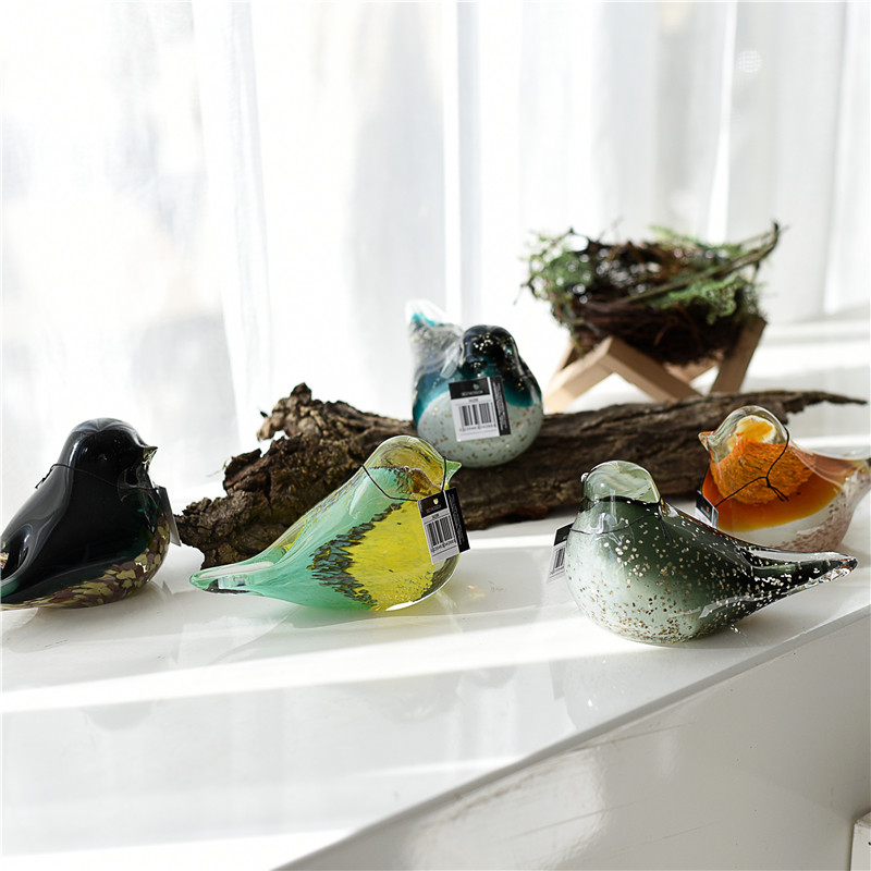 现代艺术创意彩色琉璃小鸟玻璃摆件出口欧美家居客厅壁柜桌面装饰