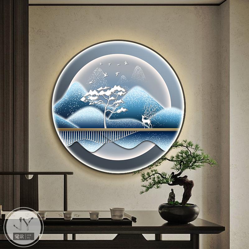 圆形玄关装饰画山水风景画麋鹿灯画经典蓝创意挂画走廊壁画图片