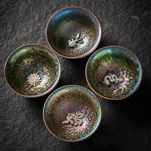 七彩建盏镶银饰鱼莲花龙凤杯窑变天目茶盏品茗茶杯陶瓷大号主人杯