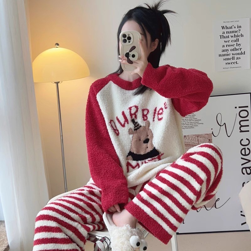 半边绒睡衣女冬季珊瑚绒家居服加厚加绒秋冬款2025新款可外穿套装