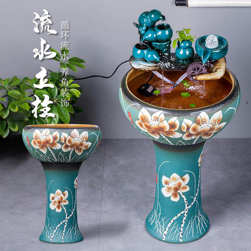 景德镇陶瓷落地立柱式鱼缸茶壶流水金鱼缸睡莲碗莲荷花盆锦鲤室外