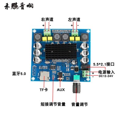 TPA3116蓝牙5.0数字功放板超清体验支持TF卡AUX同步输入100W*2