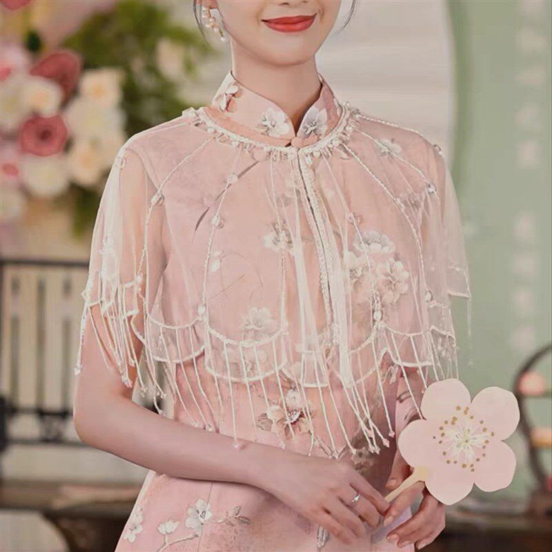 轻奢蕾丝网纱披肩米珠流苏云肩搭配旗袍婚纱礼服斗篷披肩短开衫夏