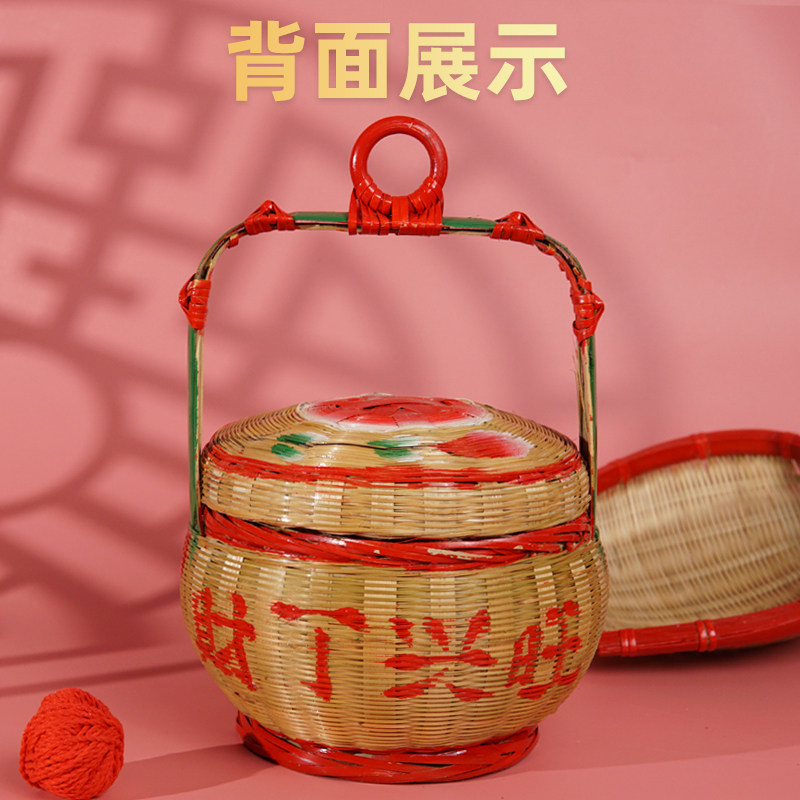 纯手工编织彩绘竹篮子潮汕传统喜庆婚嫁女方用品竹制花篮竹艺摆件