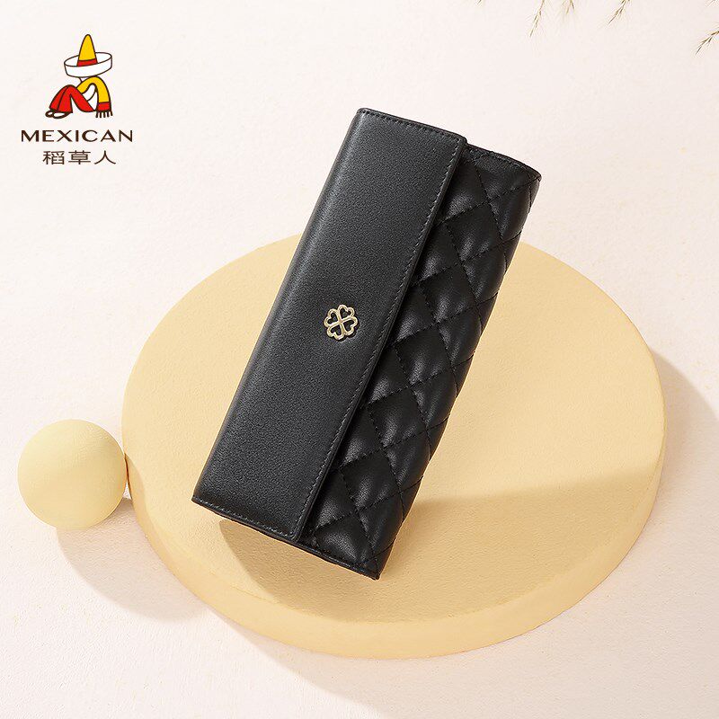 稻草人真皮菱格纹女士钱包长款多功能皮夹时尚小众牛皮手拿包钱夹