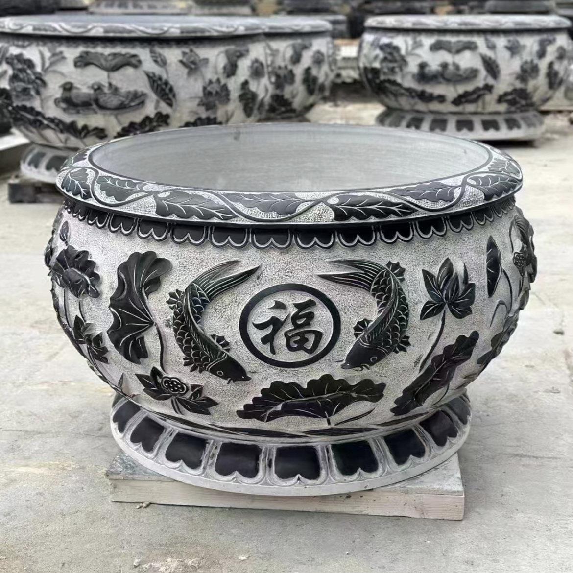 石雕鱼缸花盆青石庭院荷花缸仿古天然水缸户外家用流水老石槽摆件