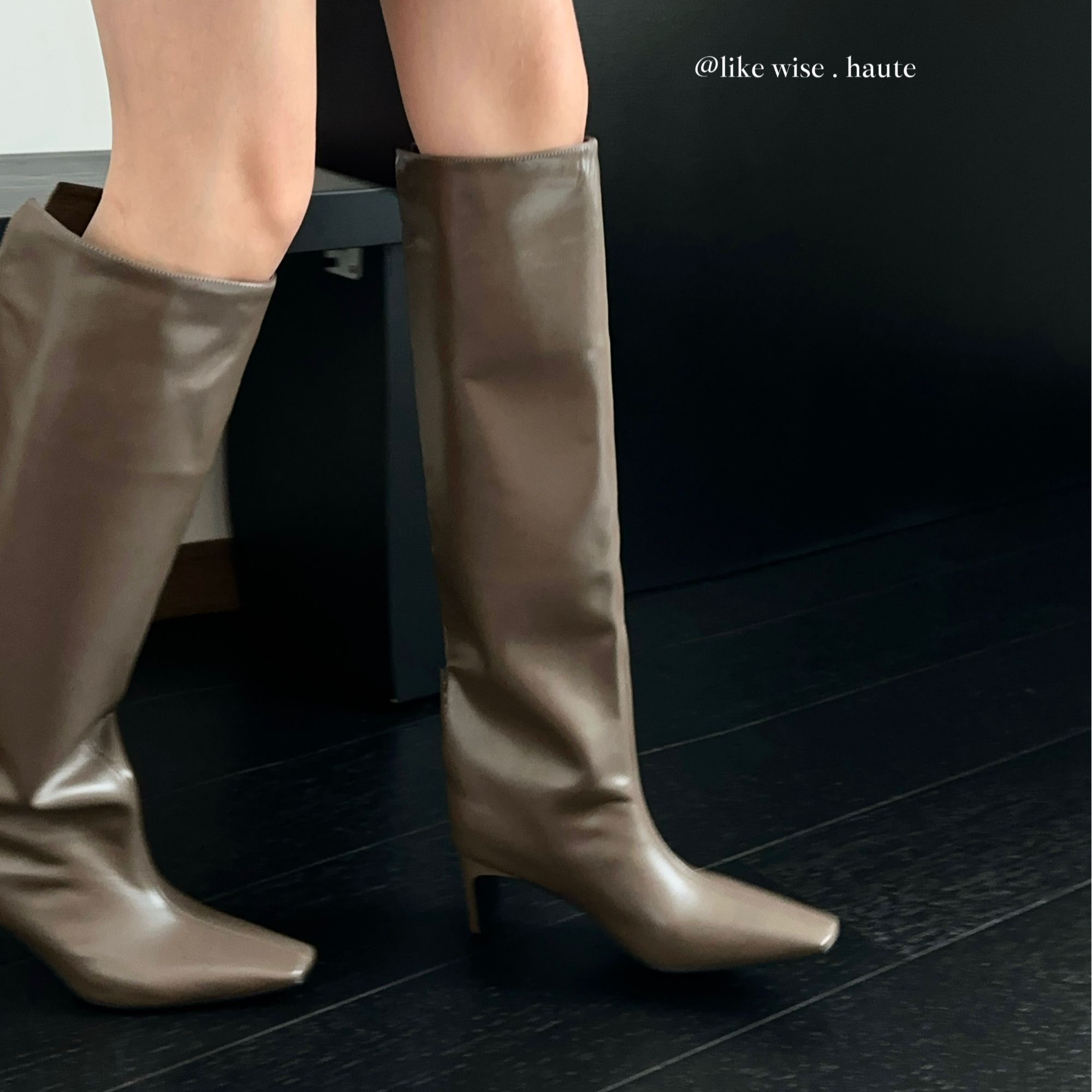 LIKE WISE HAUTE · 6cm法式小尖方头扁跟真皮显瘦长短款及膝靴