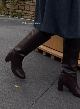 LIKE WISE HAUTE ·6.5cm小圆头粗跟皮质百搭真皮时尚高跟长靴