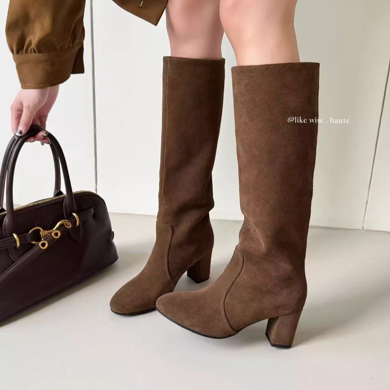 LIKE WISE HAUTE ·6.5cm小圆头粗跟复古百搭真皮时尚高跟长靴