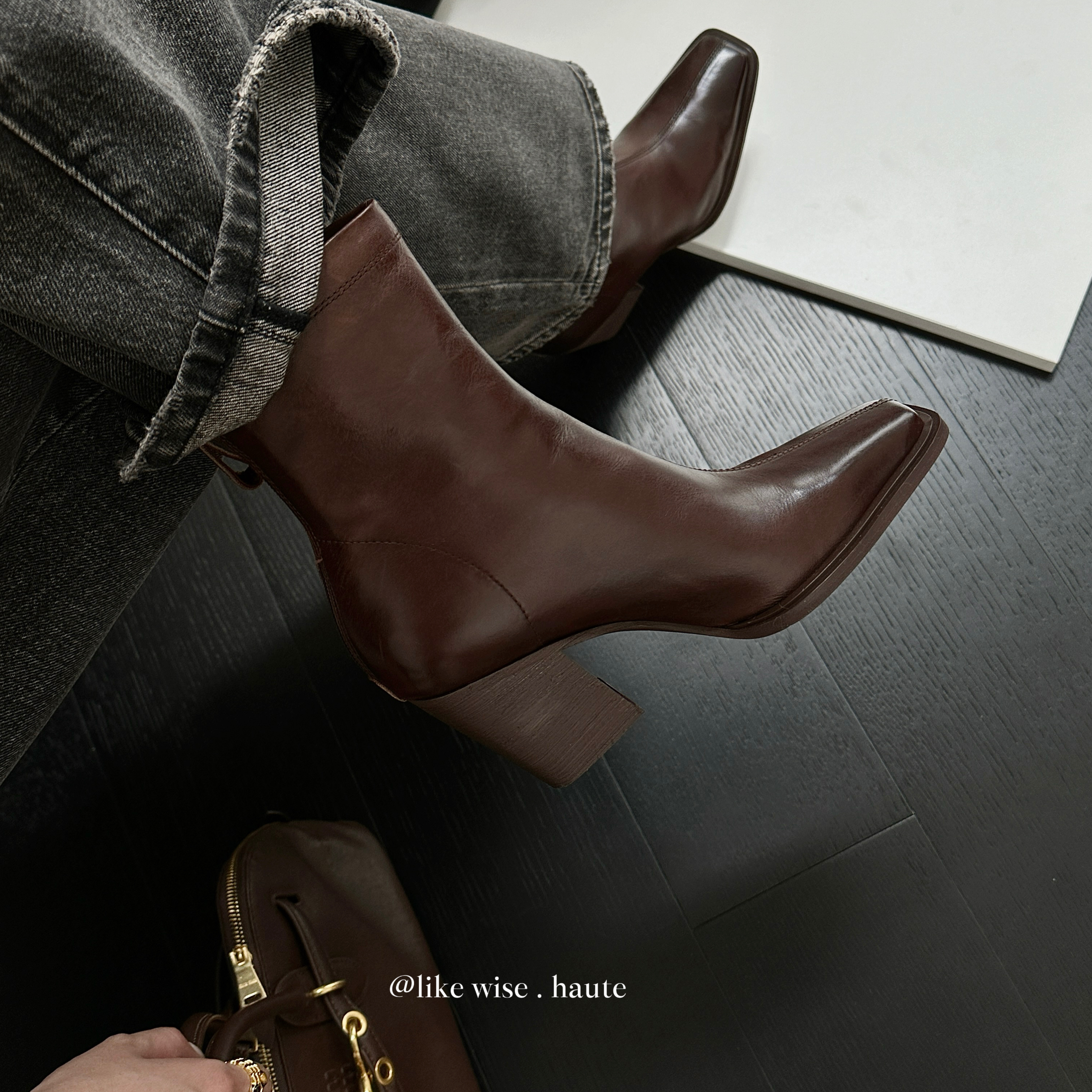 LIKE WISE HAUTE ·7cm方头粗跟法式复古英伦风时装弹力瘦瘦靴