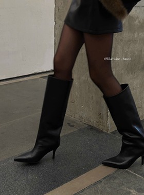 LIKE WISE HAUTE · 6.5CM尖头细高跟小牛皮及膝宽筒高跟长靴