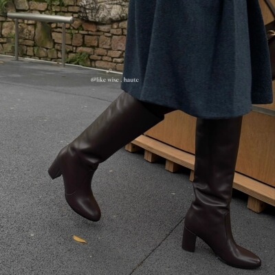 LIKE WISE HAUTE ·6.5cm小圆头粗跟皮质百搭真皮时尚高跟长靴