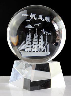 K9人造水晶玻璃球内雕一帆风顺创意装饰摆饰送朋友定做公司礼品