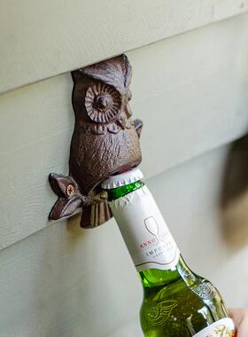 掬涵铁艺啤酒开 瓶器猫头鹰铸铁摆件酒吧饭店墙壁庭院户外墙面装