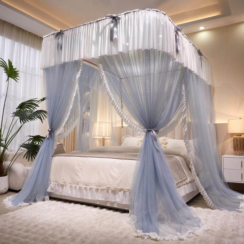 2025新款U型导轨蚊帐落地加密加厚滑轨道免安装3开门宫廷家用卧室