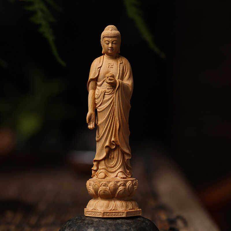 崖柏木雕释迦摩尼阿弥陀佛像西方三圣实木雕刻家居工艺品如来摆件