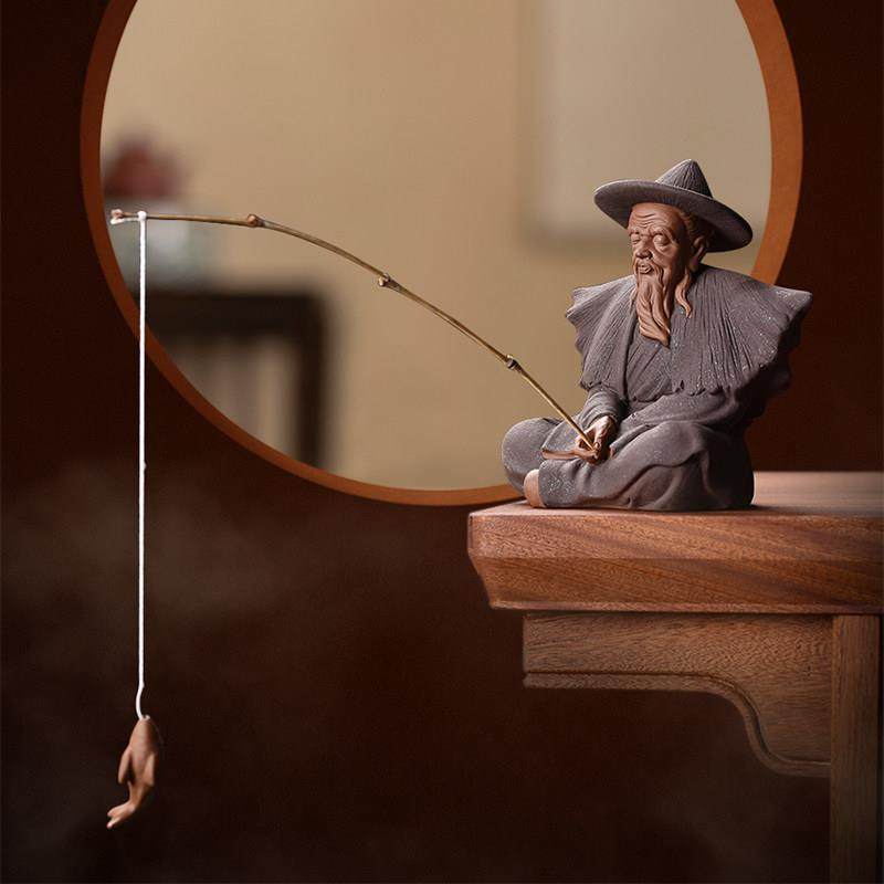 禅意姜太公钓鱼人物陶瓷摆件鱼翁老头鱼缸造景假山盆景装饰品配件