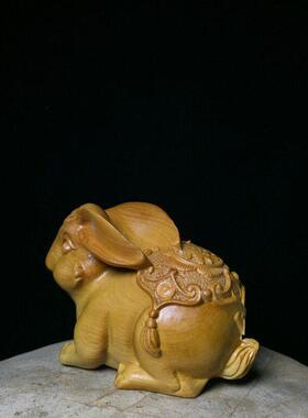 木雕兔子手把件实木雕刻十二生肖兔摆件家居客厅装饰工艺品
