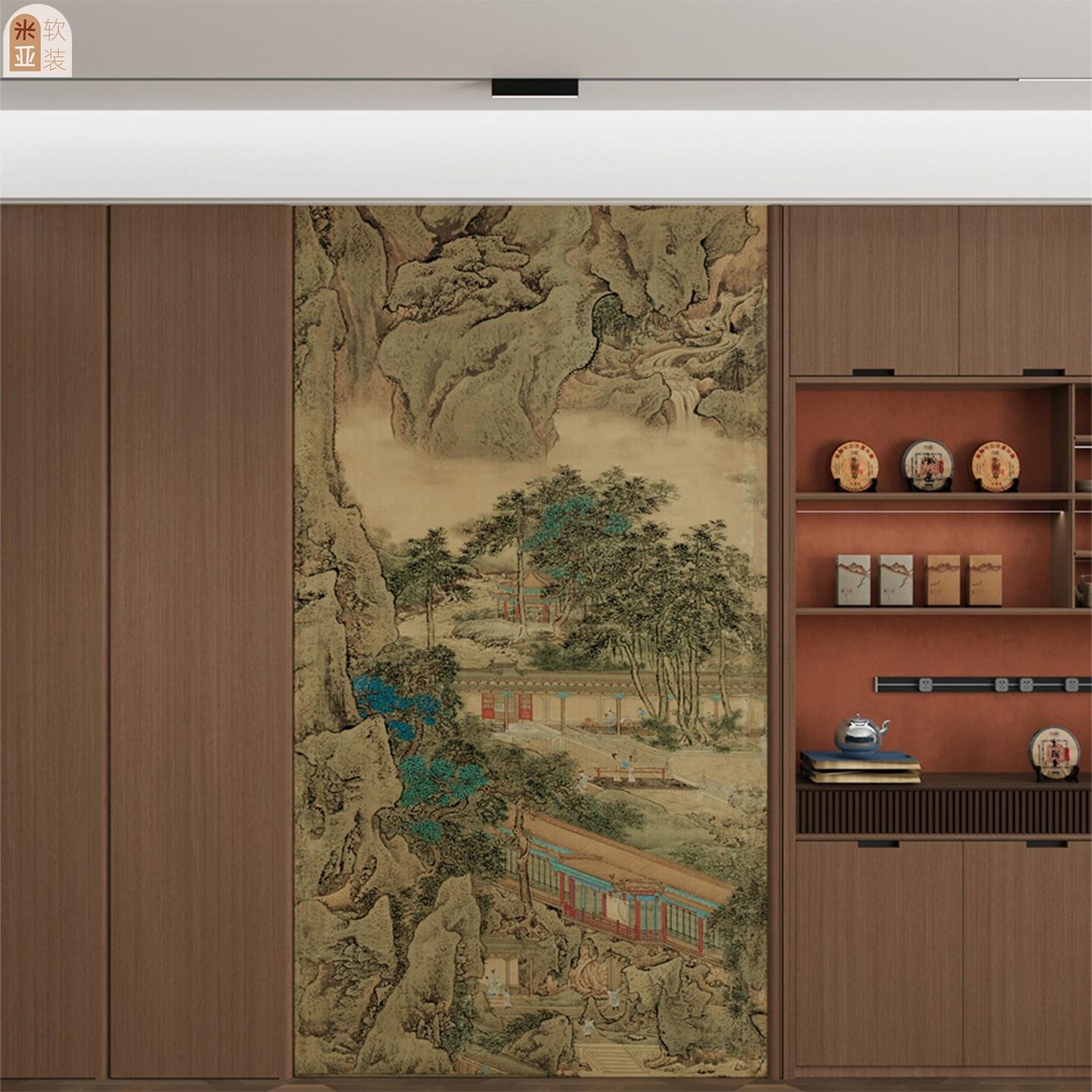 山水画古画玄关墙面装饰贴画茶室中国画阿房宫背景墙客厅贴纸定制