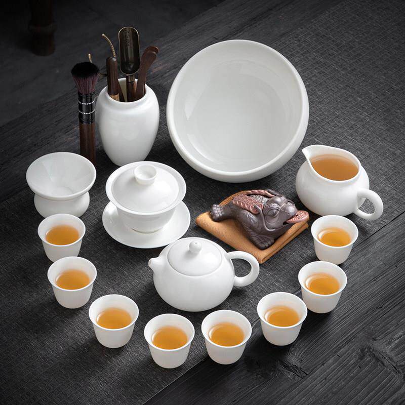 景德镇汝窑 高端羊脂玉白瓷功夫茶具套组家用 白色陶瓷茶杯盖碗泡