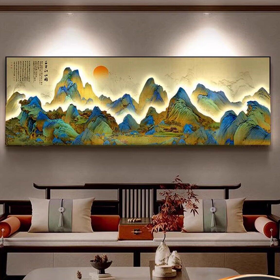 千里江山图客厅装饰画中式背景墙挂画高级大气3d立体山水画发光