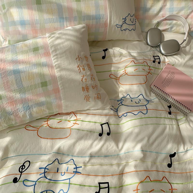 梨梦 线条猫猫 可爱刺绣四件套少女心床单被套床笠款宿舍床上用品