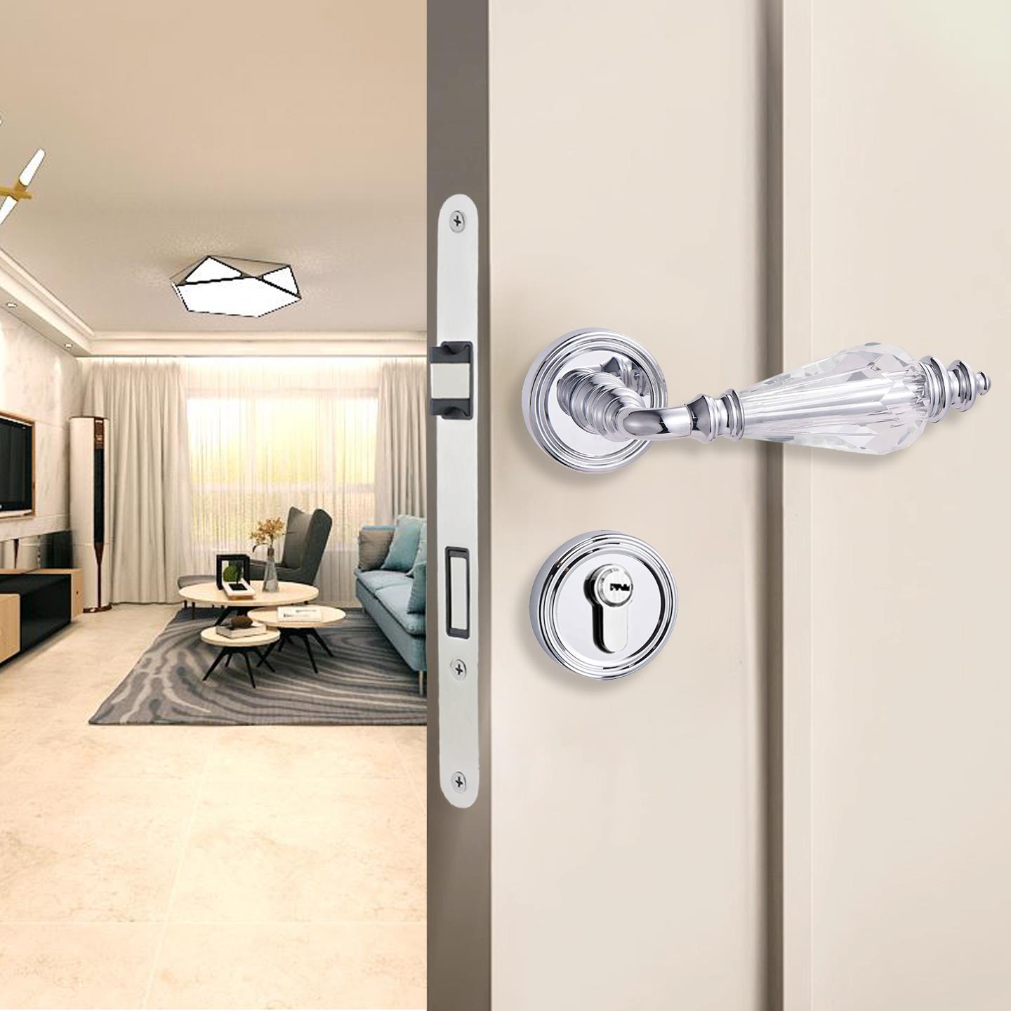 博斯顿法式复古亮银室内门锁具静音磁吸卧室房门锁金色水晶门把手