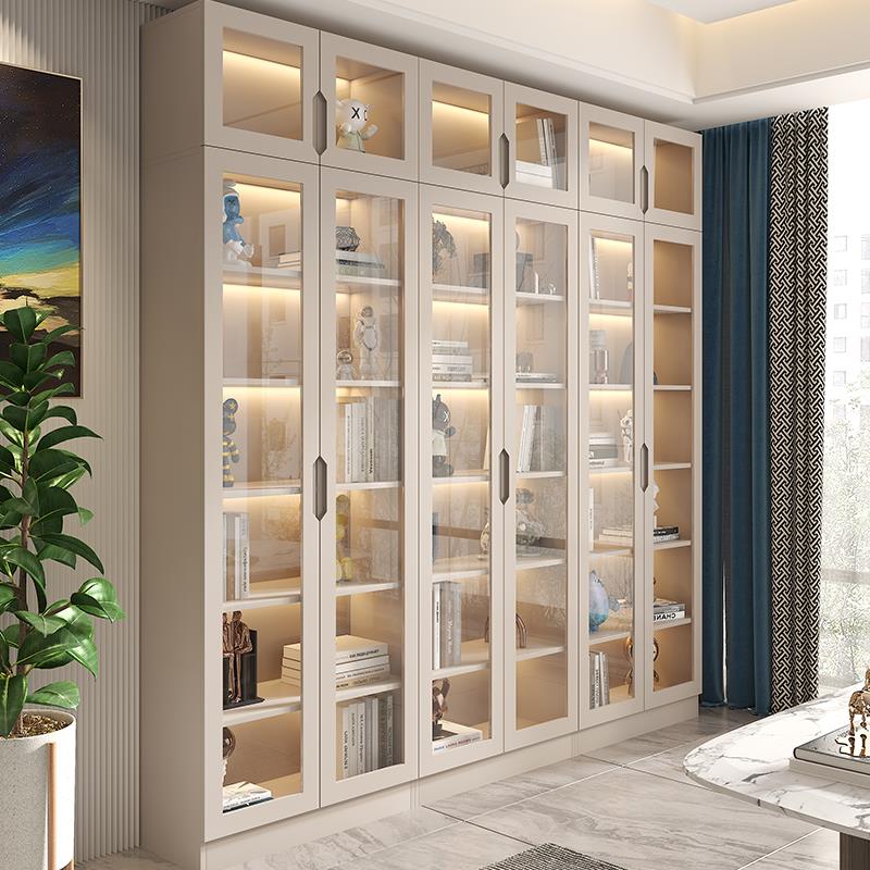 现代简约玻璃门书柜轻奢开门书架实木落地一体靠墙收纳柜展示柜子