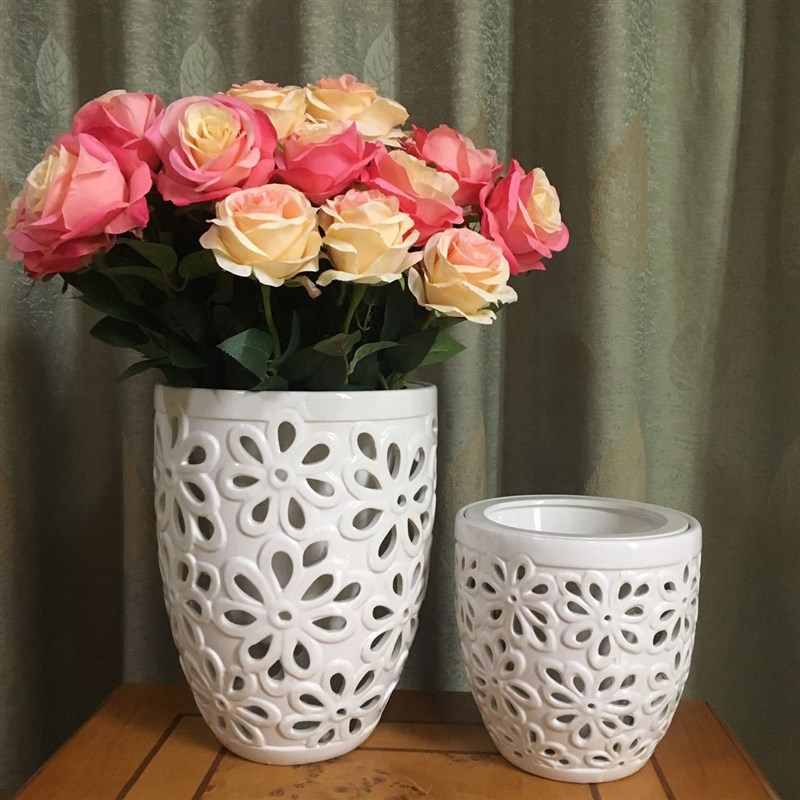镂空双层陶瓷花盆 欧式陶瓷工艺品摆件 创意礼品花插器 大号