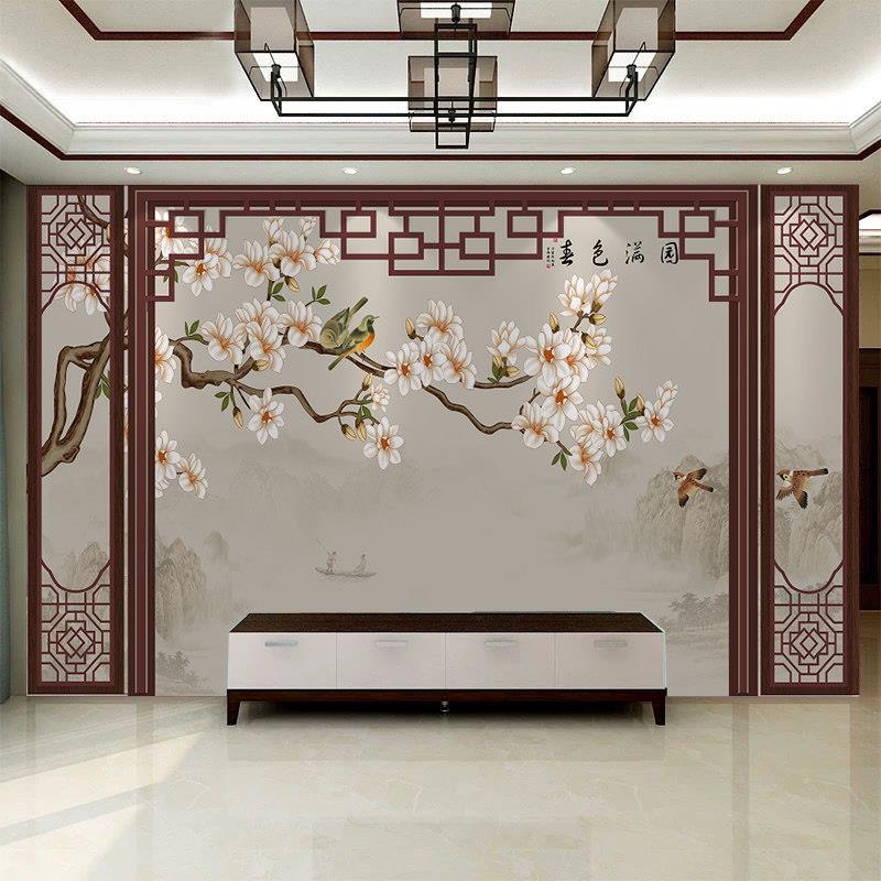 新中式古典边框造型电视背景墙壁纸自粘沙发壁画工笔花鸟影视墙布