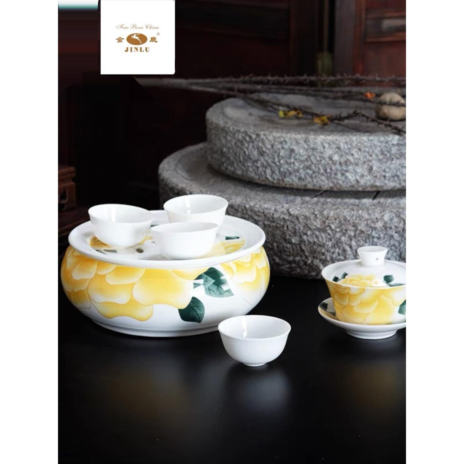金鹿骨质瓷6寸工夫茶具黄香槟玫瑰圆形茶盘陶瓷盖碗旅行便携茶具