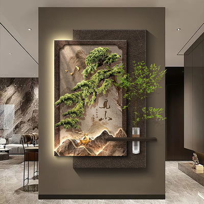 迎客松玄关装饰画高档立体壁灯水培绿植山水画入户门走廊过道挂画