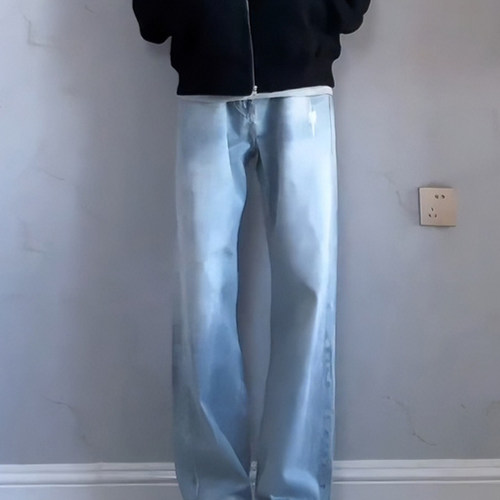 秋季穿搭高腰提档弯刀裤子浅蓝色517牛仔裤男款显瘦阔腿微喇长裤