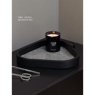 觅屿 轻奢实木黑色香薰皮托 托盘蜡烛收纳高级感玄关置物桌面整理