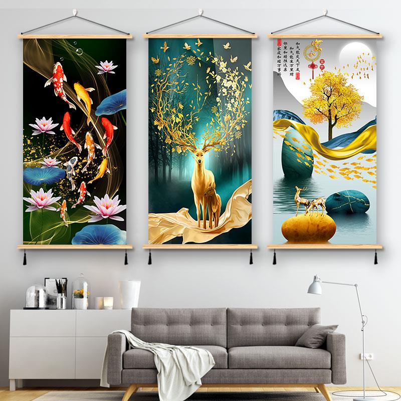 新中式布艺挂画现代轻奢九鱼招财客厅装饰画背景墙壁画酒店玄关画图片