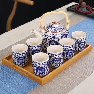 家用陶瓷中式 提梁壶功夫茶具套装 复古泡茶壶茶杯带过滤网整套托盘