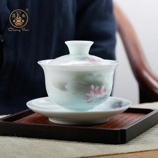 昌南玉瓷盖碗茶杯大号手工三才茶碗景德镇陶瓷功夫茶具粉彩泡茶器
