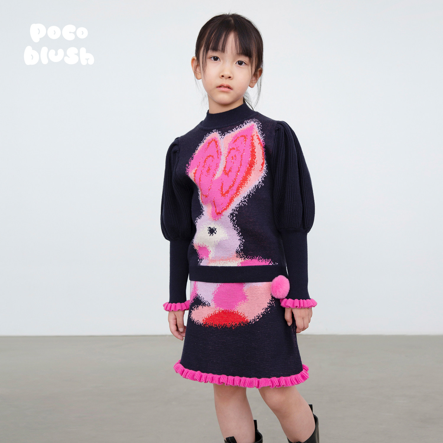pocoblush原创玉兔&middot;提花毛衣套装女童秋冬裙童装新款针织两件套