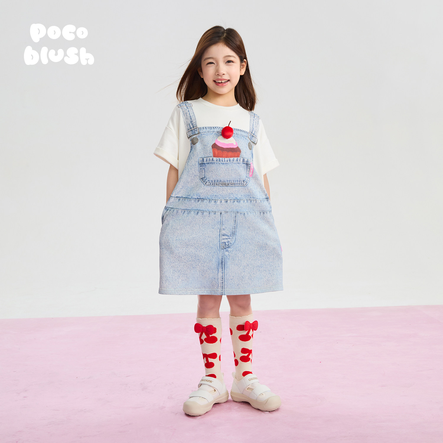 pocoblush【口袋里的蛋糕】手绘牛仔连衣裙T恤女童春夏款印花裙子