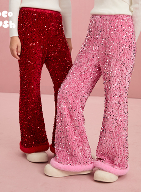 pocoblush【星光闪闪】亮片丝绒新年喇叭裤红色女童冬季加绒裤子