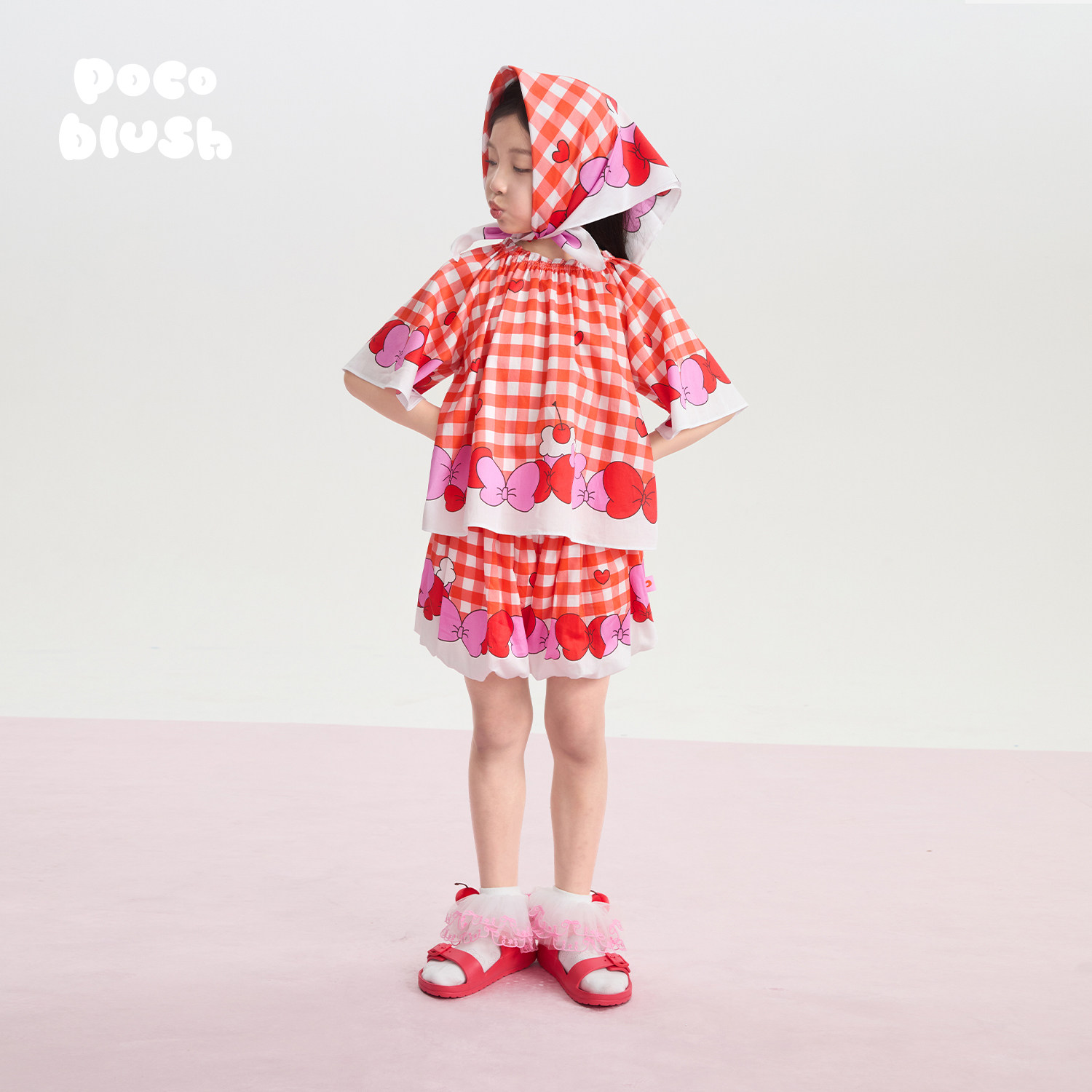 pocoblush【大大蝴蝶结】印花衬衫花苞短裤女童夏季新款清凉套装