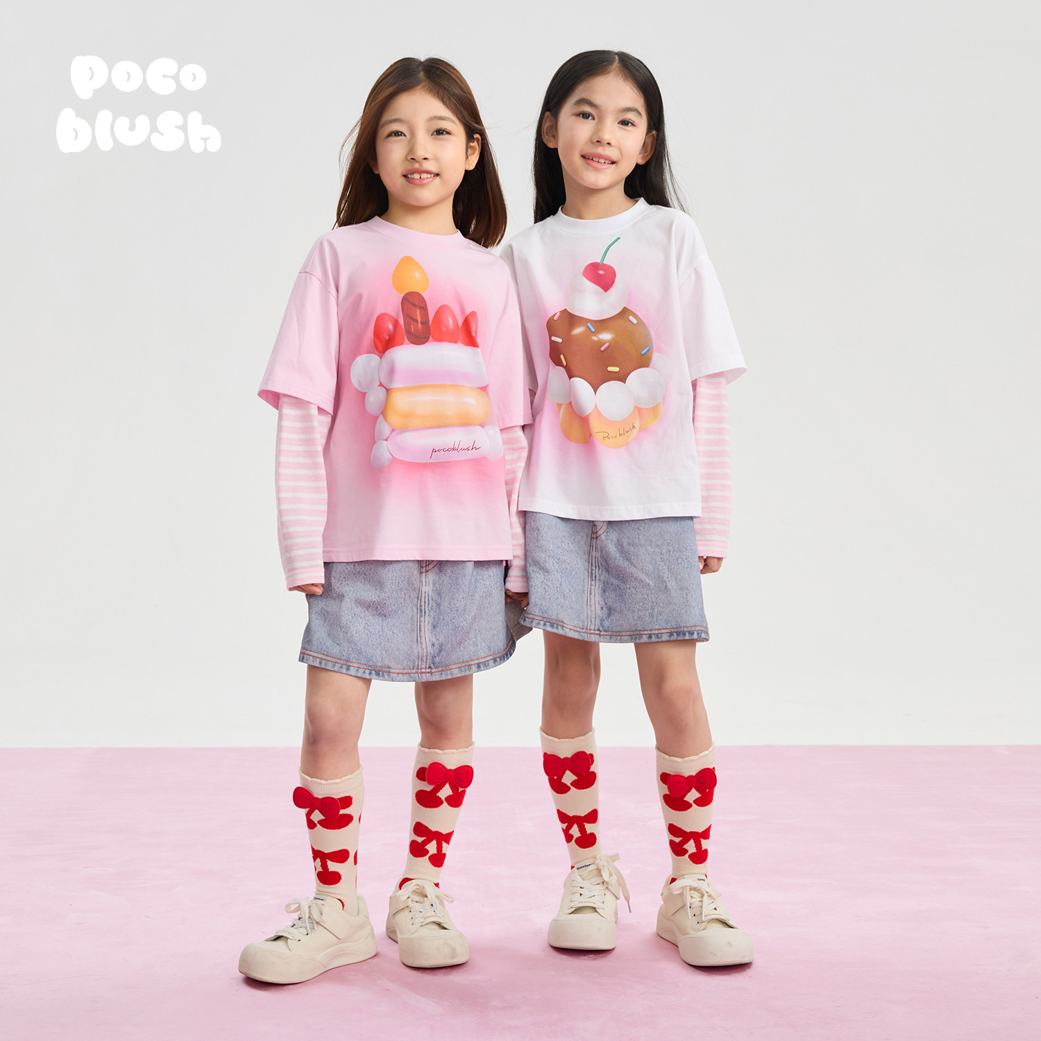 pocoblush【气球蛋糕】假两件印花T恤女童春夏款晕染长袖条纹上衣