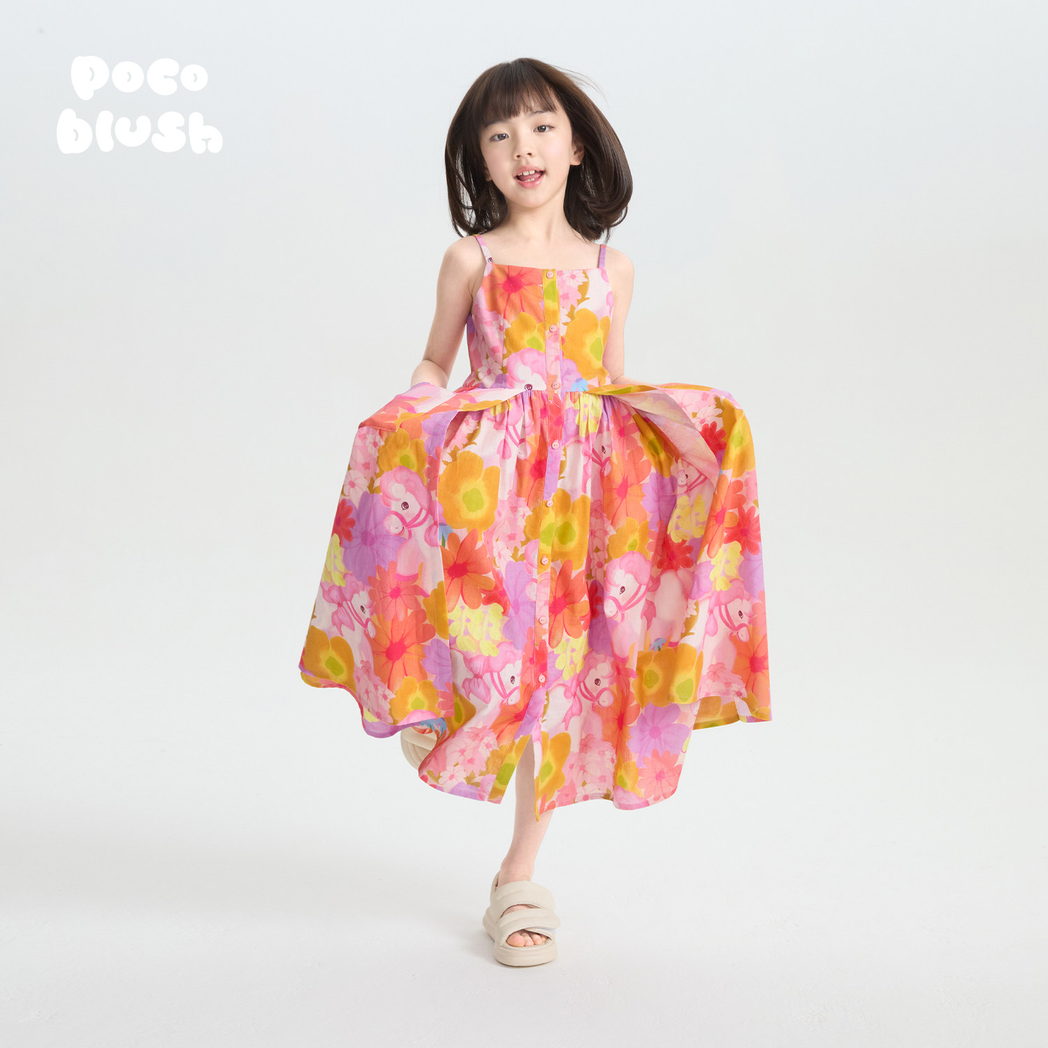 pocoblush【樱桃小马】印花连衣裙女童夏季薄款双层裙摆透气裙子